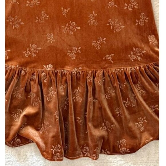 Lait Collection Velvet Dress Size XL Rust Floral Puff Sleeve Ruffle Hem Retro - Picture 6 of 17